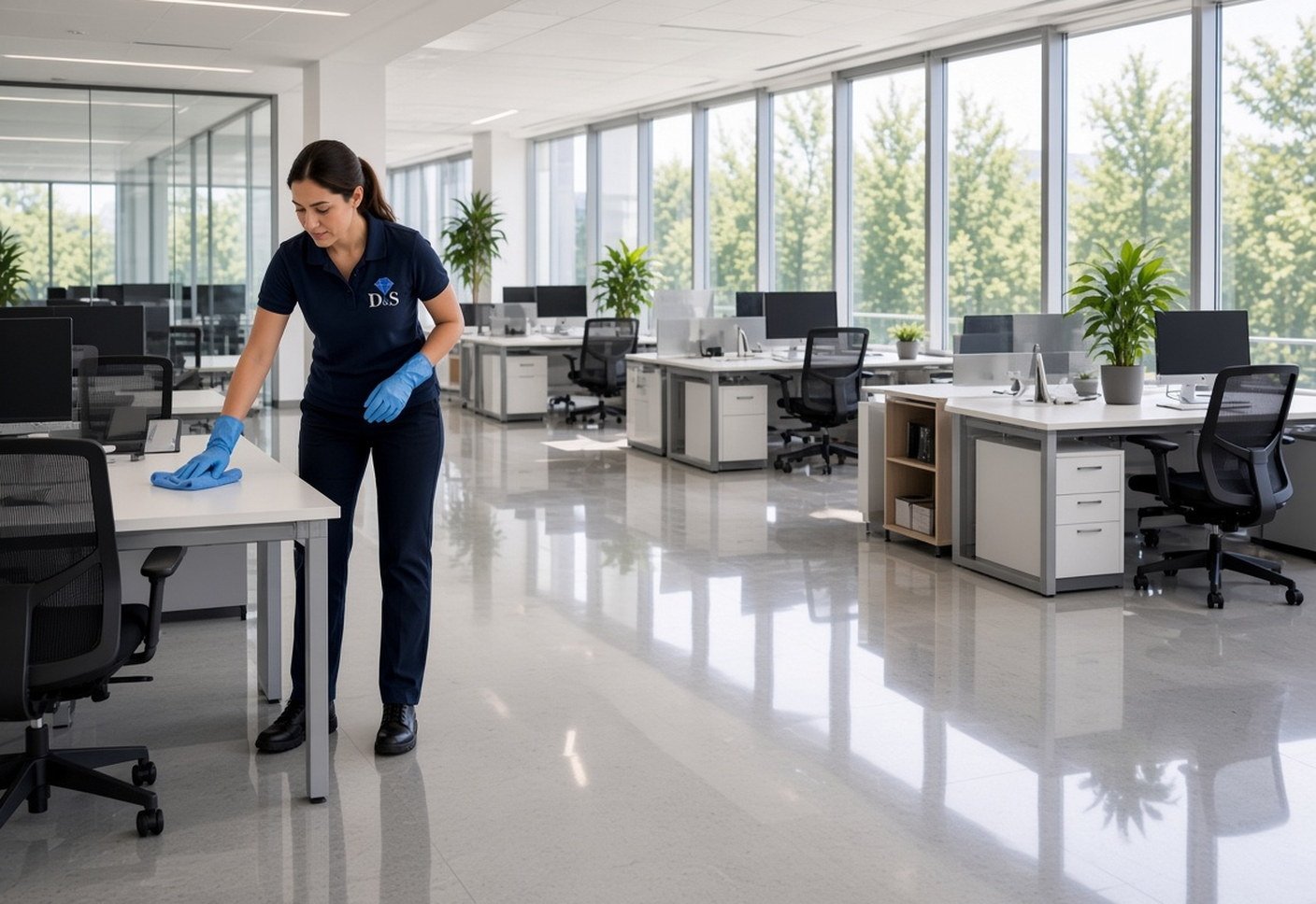 Reinigungskraft wäscht den Boden in einem modernen Büro